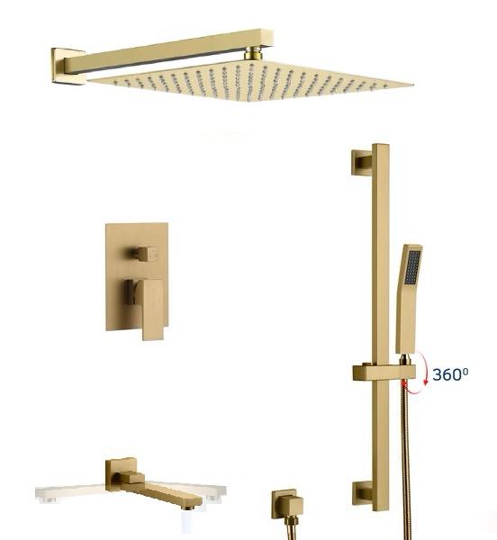 A brushed gold shower system with a square wall-mounted shower head, a hand-held slide bar, and a spout. The system includes various components such as a valve, hose, and installation hardware.