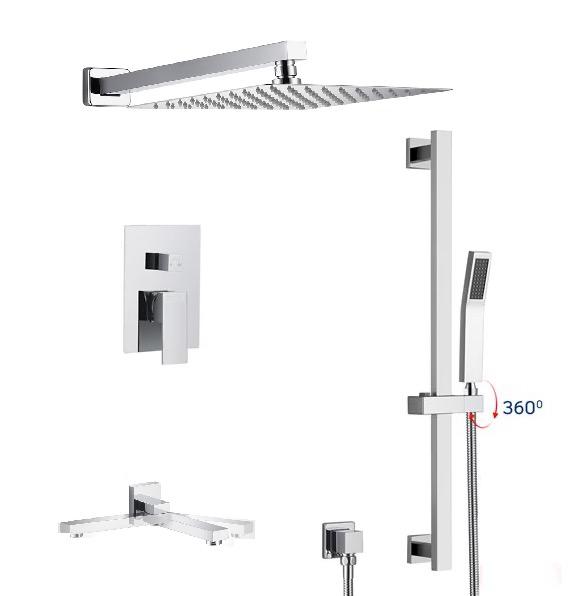 A complete shower system set including a wall-mounted shower head, slide bar shower hand-held, spout, valve, and necessary fixtures, finished in chrome.