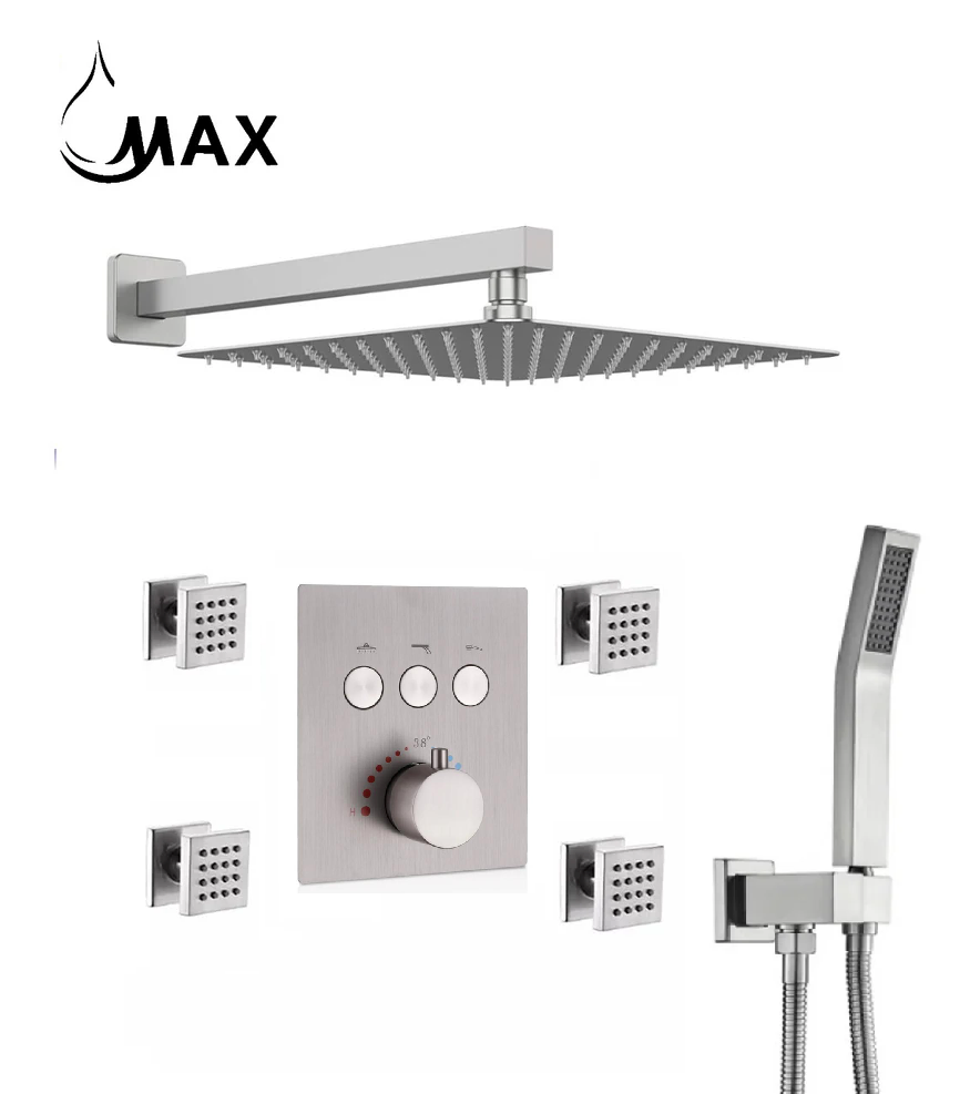 Thermostatic Shower System Three Function Handheld With 4 Body Jets and Valve Brushed Nickel Finish