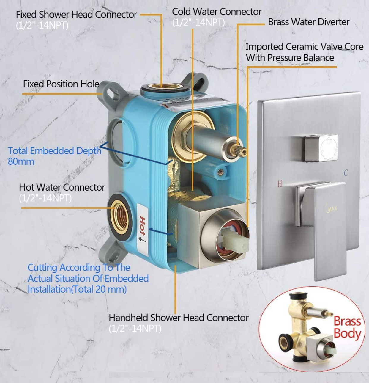 Pressure Balance Shower Valve Two Functions Brushed Nickel