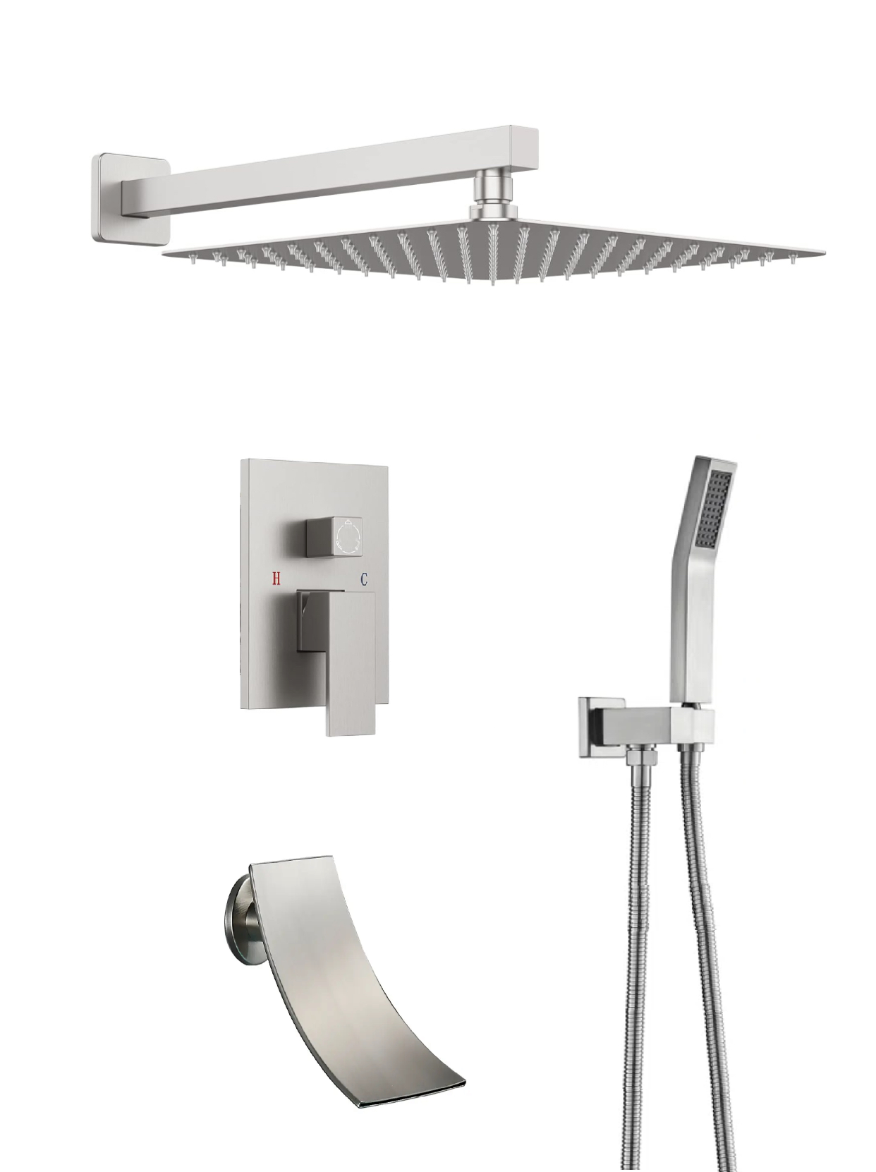 Waterfall Spout Shower System Set – Three Functions with Pressure Balance Valve | Brushed Nickel Finish