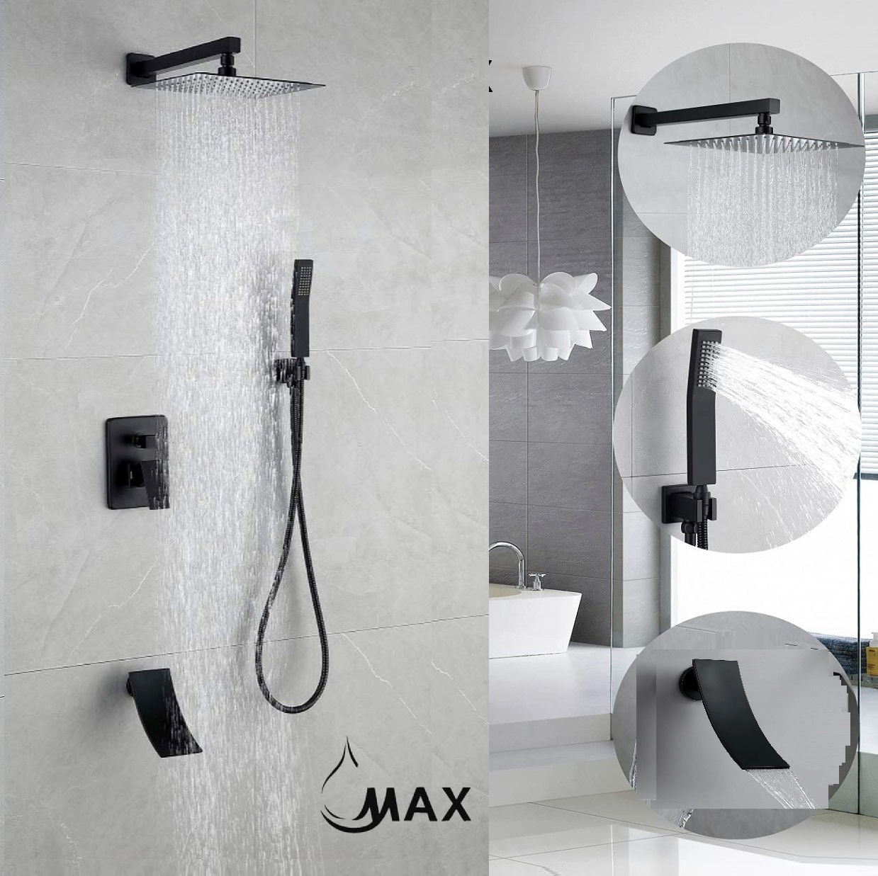 Waterfall Spout Shower System Set – Three Functions with Pressure Balance Valve | Matte Black Finish