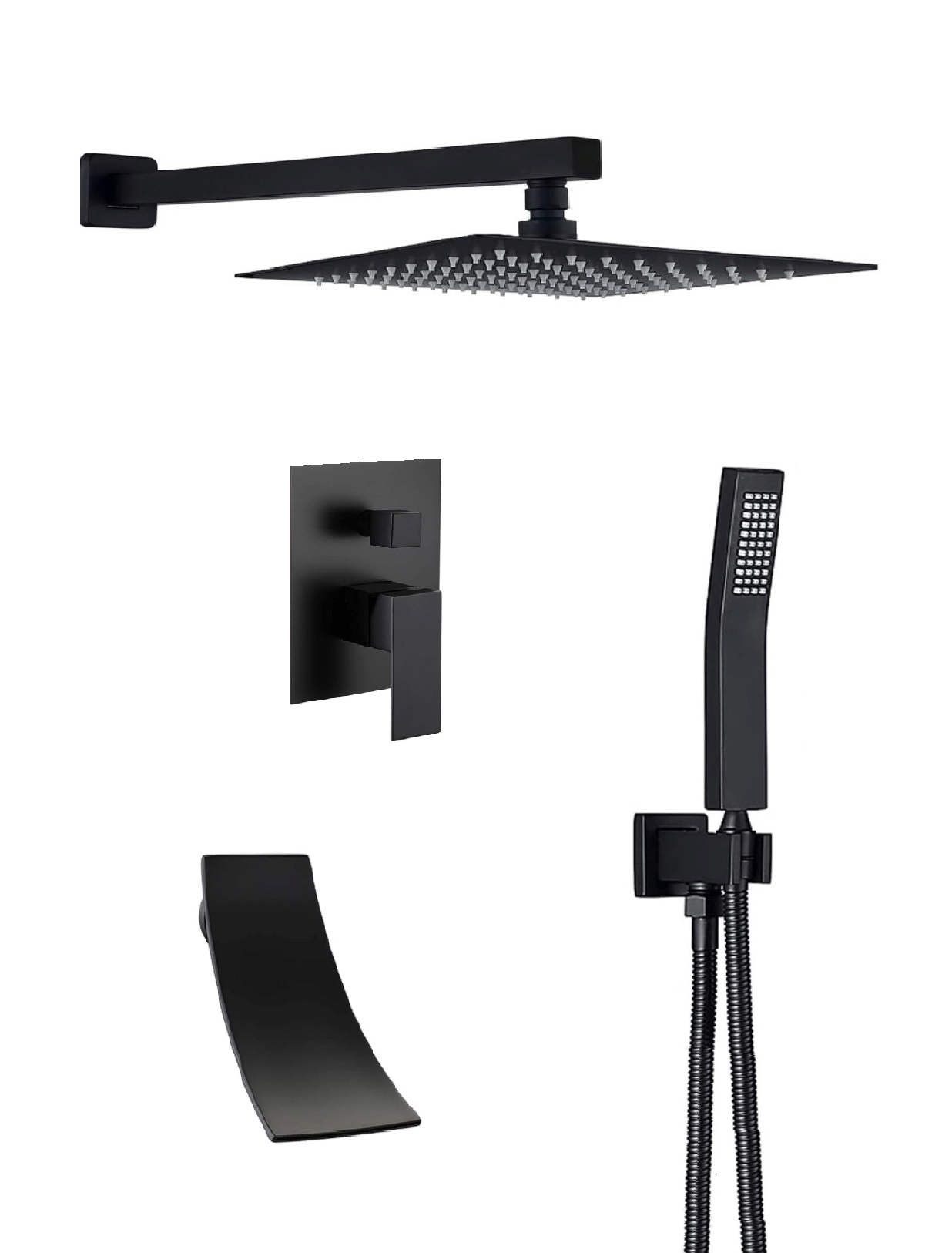 Waterfall Spout Shower System Set – Three Functions with Pressure Balance Valve | Matte Black Finish