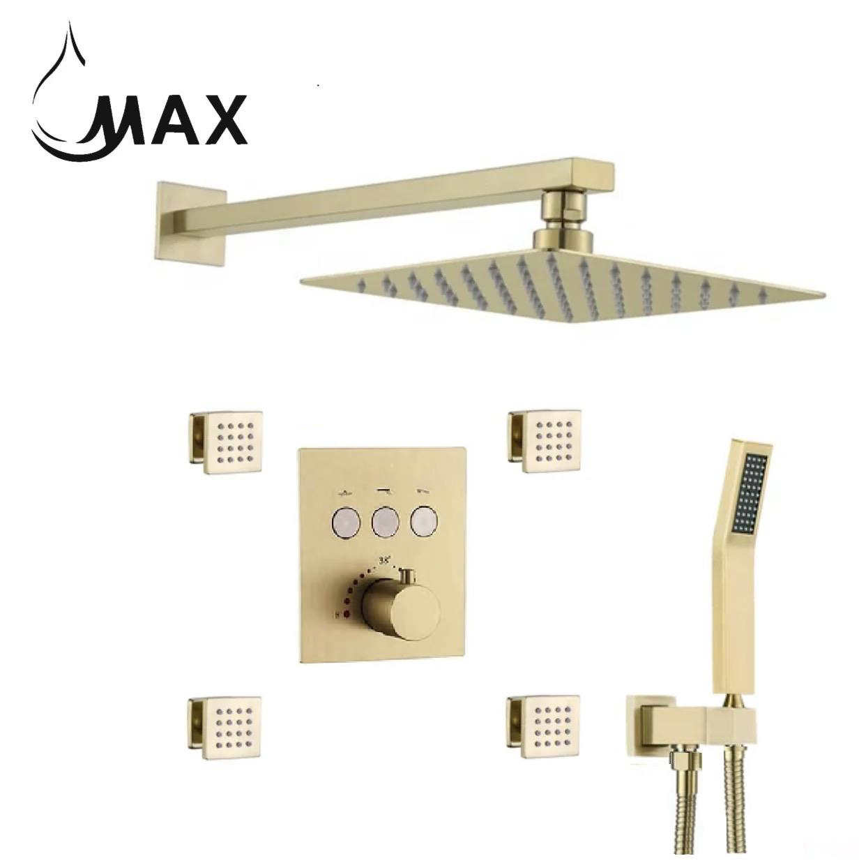 Thermostatic Shower System Three Function Handheld With 4 Body Jets and Valve Brushed Gold Finish