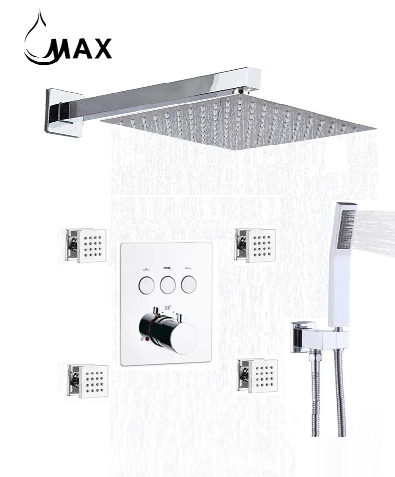 Thermostatic Shower System Three Function Handheld With 4 Body Jets and Valve Chrome Finish