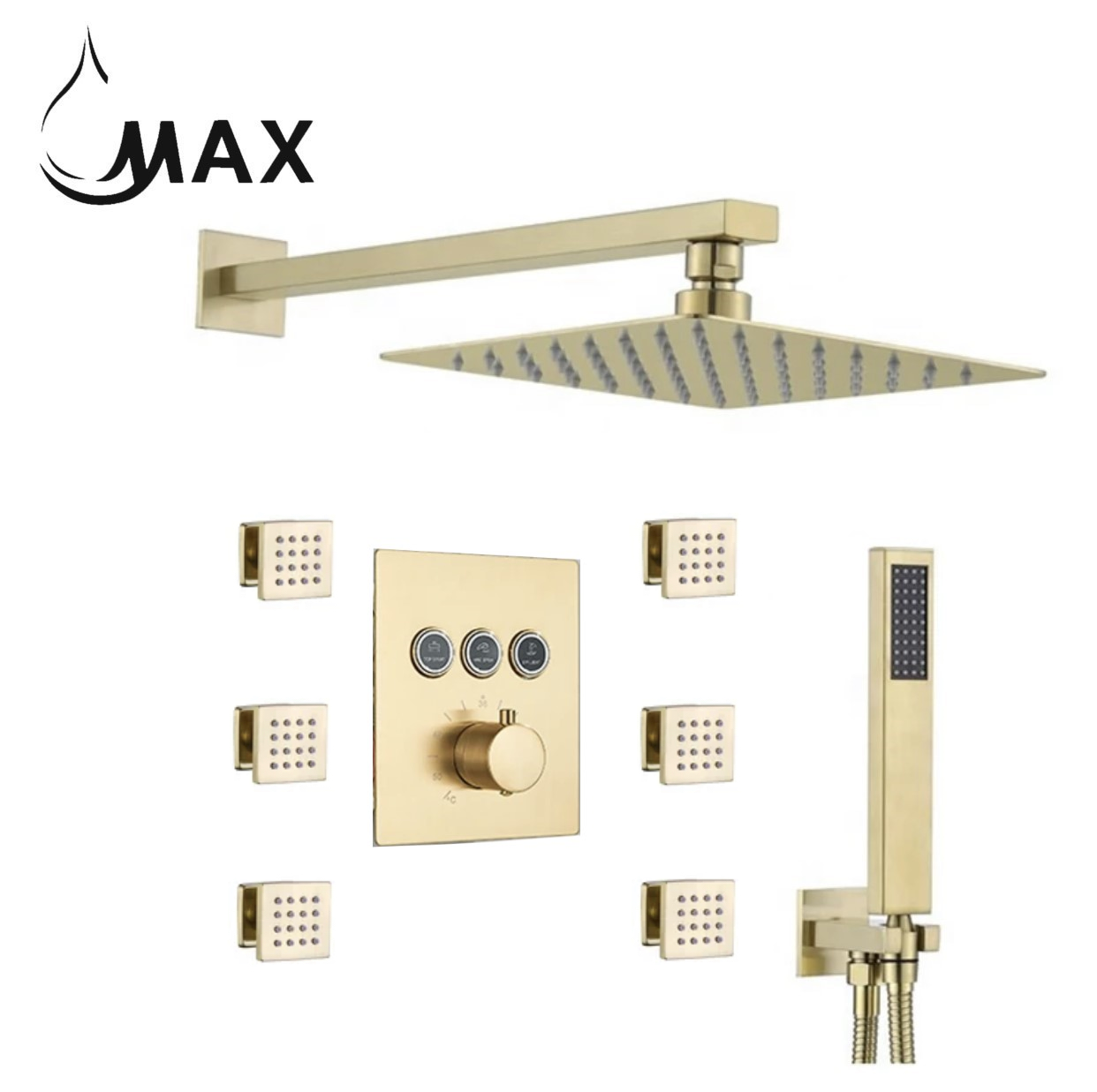 Thermostatic Shower System Three Function Handheld With 6 Body Jets and Valve Brushed Gold Finish