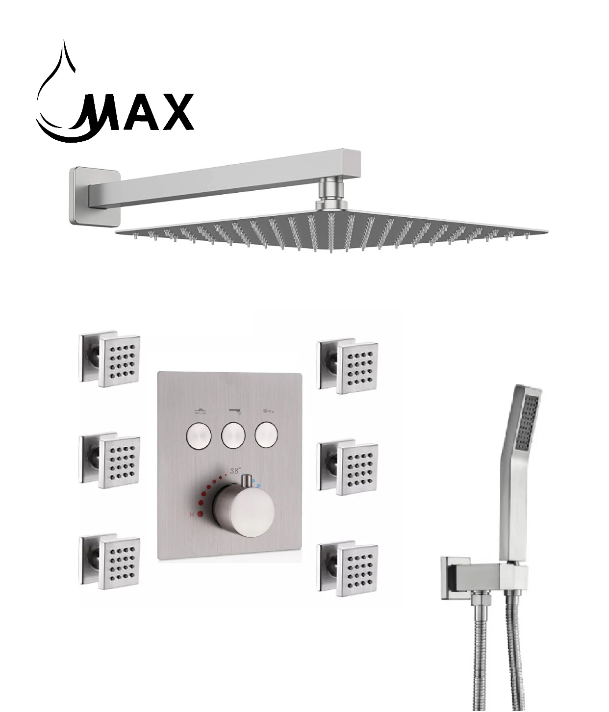 Thermostatic Shower System Three Function Handheld With 6 Body Jets and Valve Brushed Nickel Finish