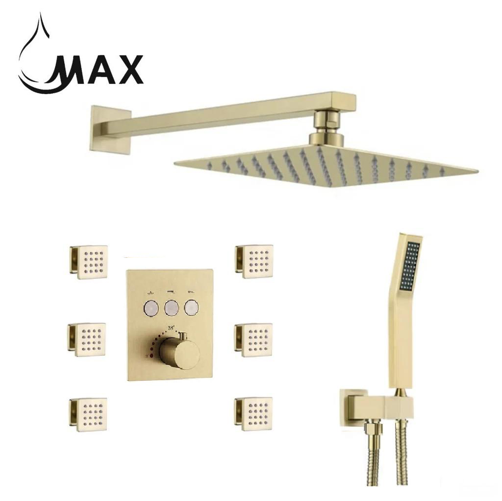Thermostatic Shower System Three Function Handheld With 6 Body Jets and Valve Brushed Gold Finish