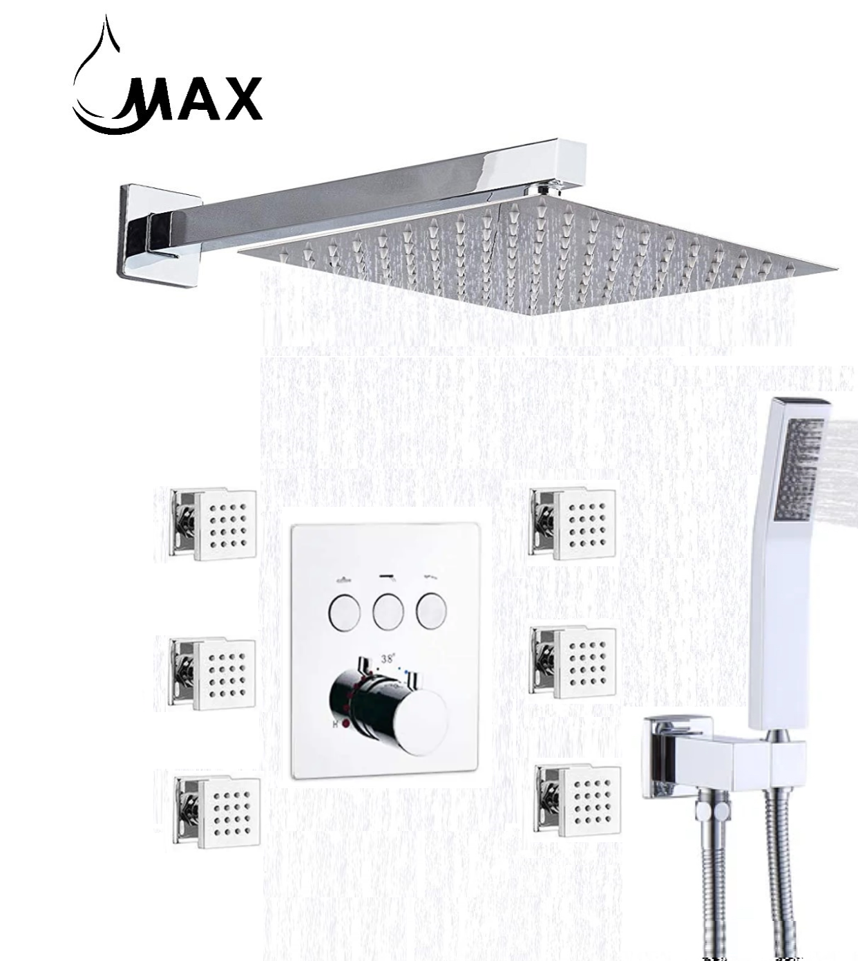 Thermostatic Shower System Three Function Handheld With 6 Body Jets and Valve Chrome Finish