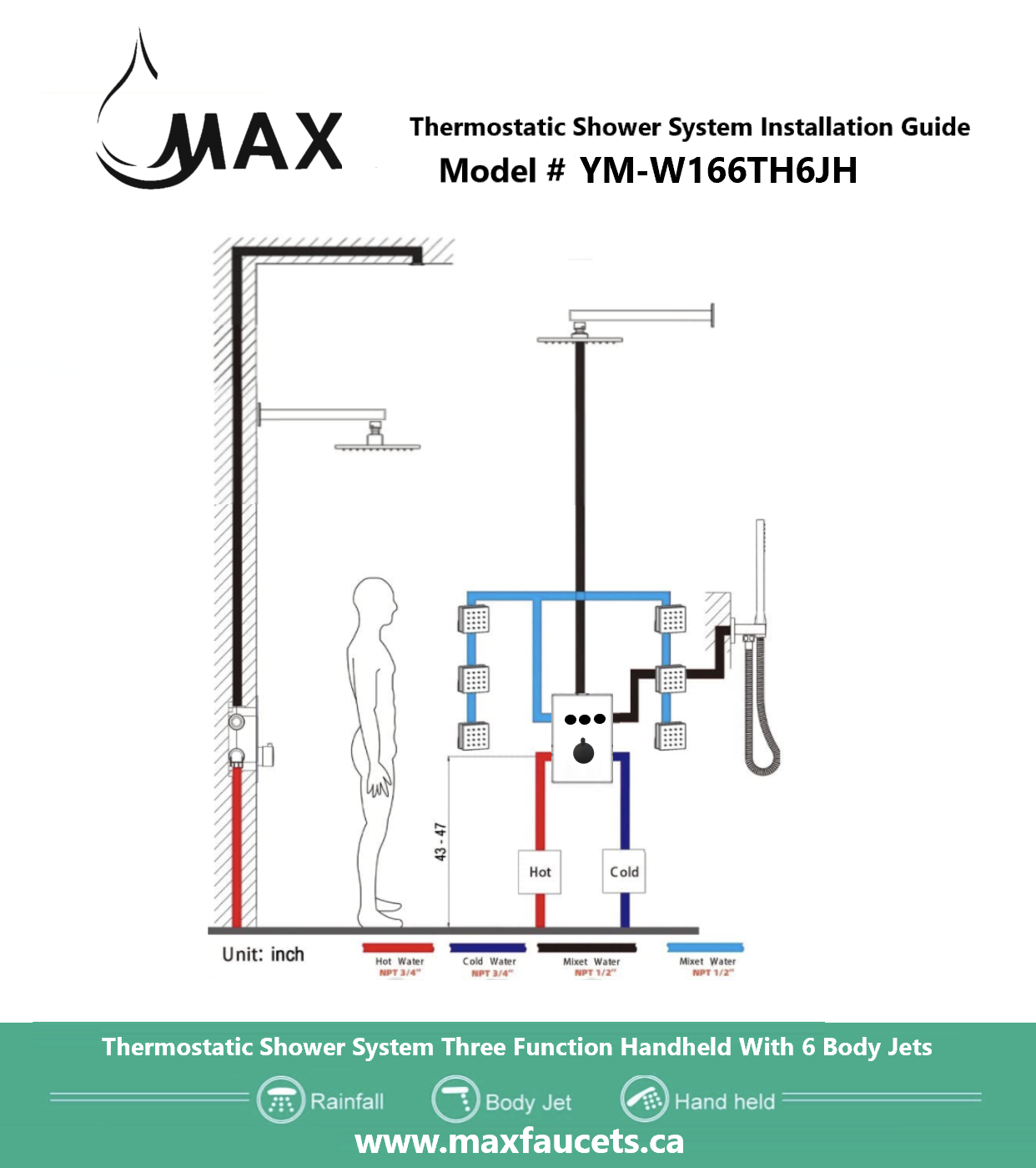 Thermostatic Shower System Three Function Handheld With 6 Body Jets and Valve Chrome Finish
