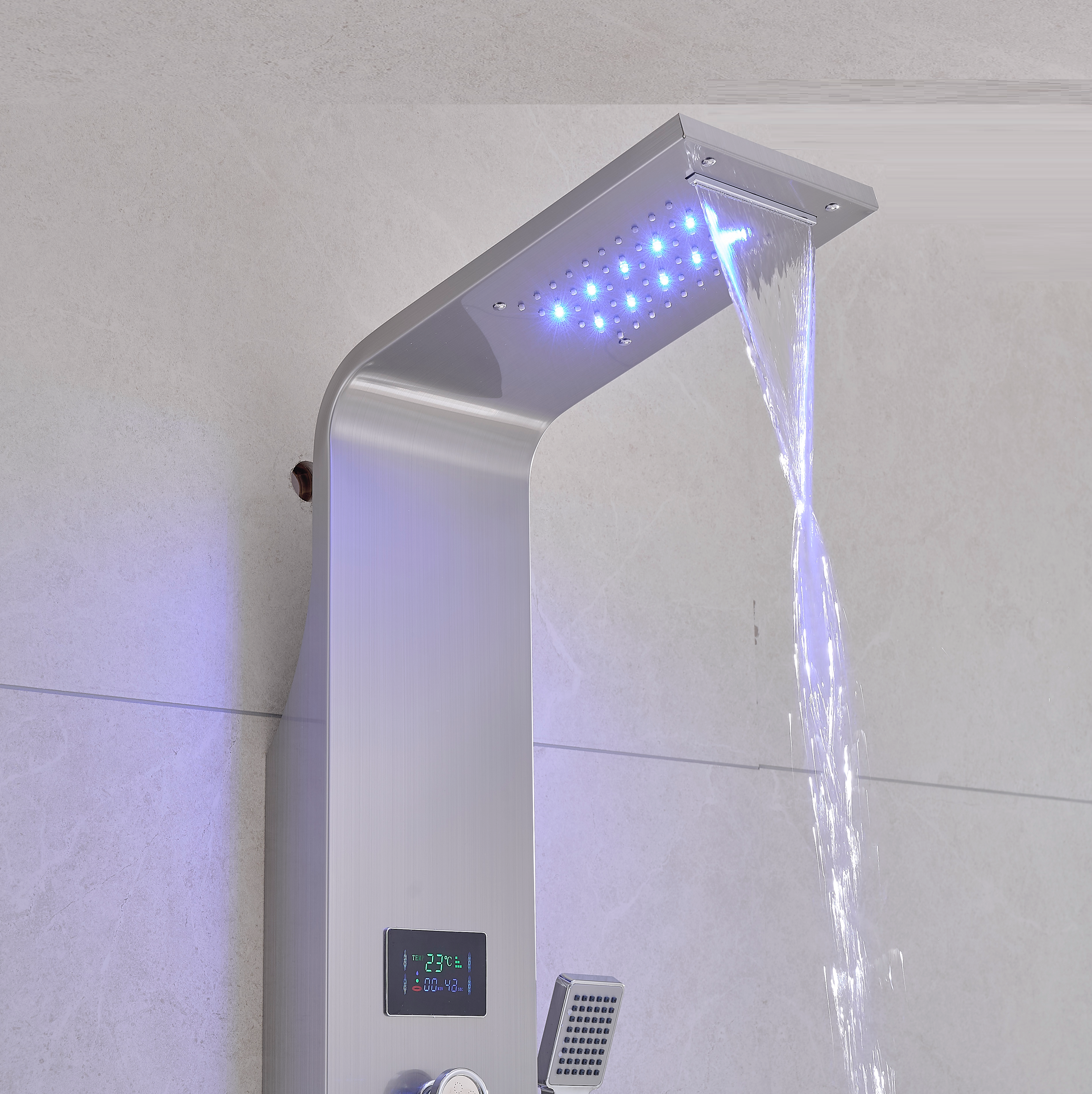 Thermostatic Rainfall Shower Panel System – 6 Functions with 8 Massage Jets, Handheld Shower & Digital Display | Brushed Nickel Finish
