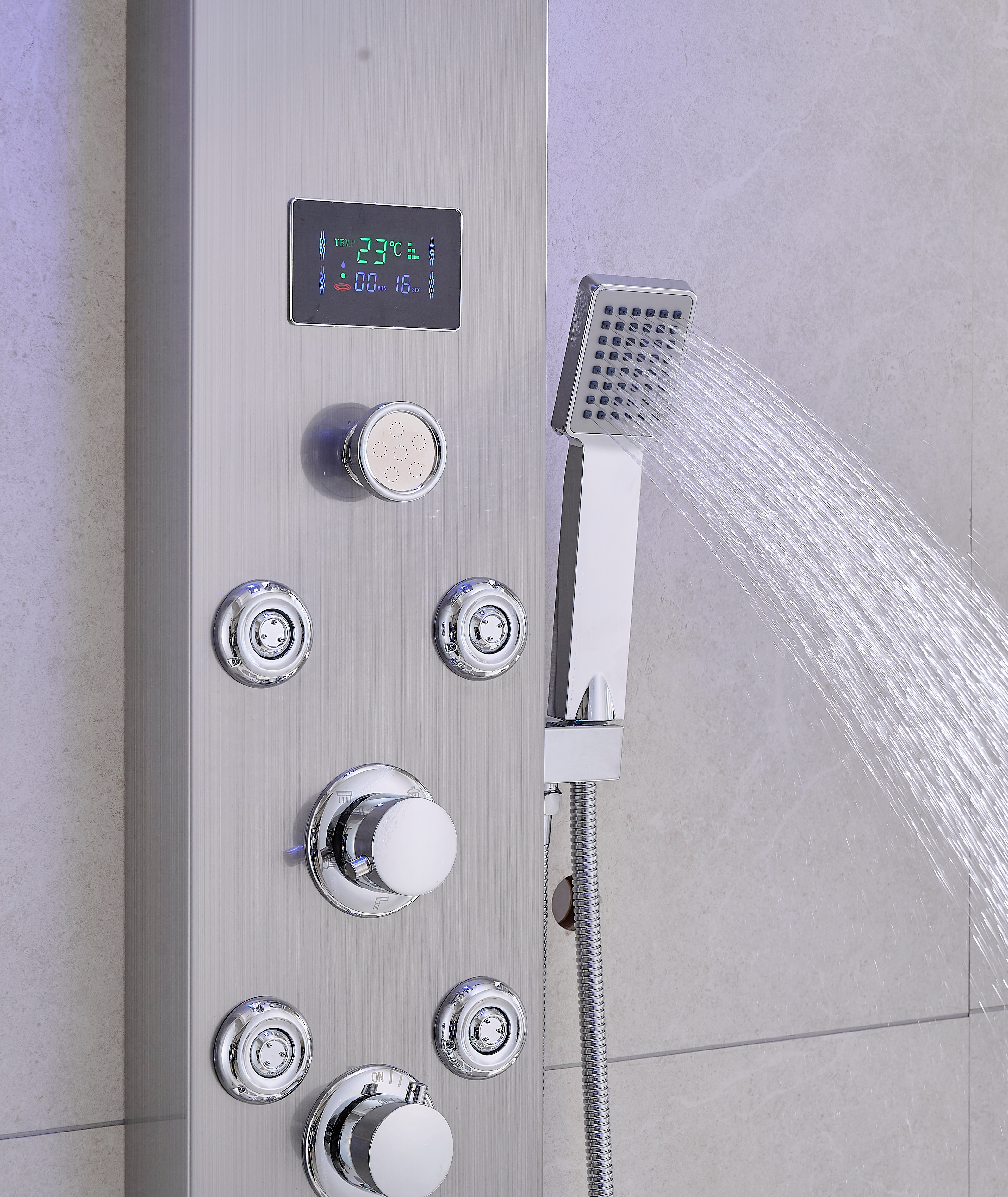 Thermostatic Rainfall Shower Panel System – 6 Functions with 8 Massage Jets, Handheld Shower & Digital Display | Brushed Nickel Finish