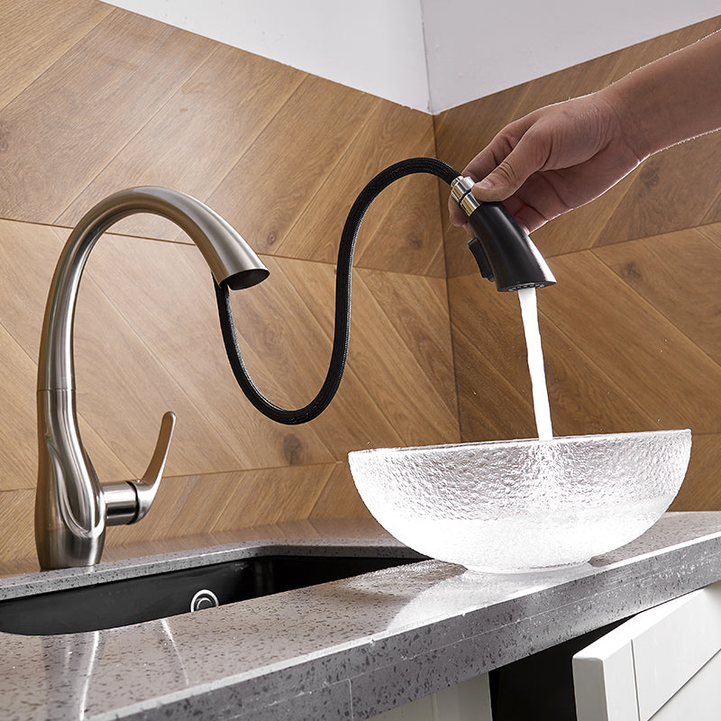 Gooseneck Kitchen Faucet Single Handle Pull-Out 14" Brushed Nickel Finish