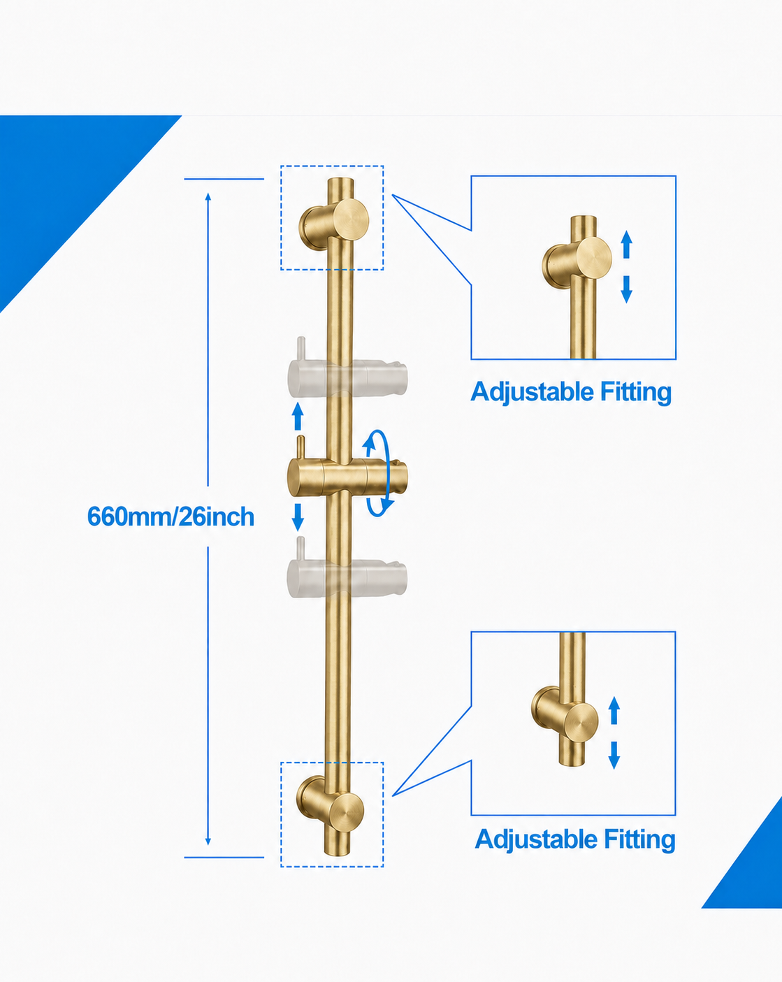 A product diagram showing a brass door handle with adjustable fitting insets and a dimension label of 660mm/26inch on a white background with blue corner accents.