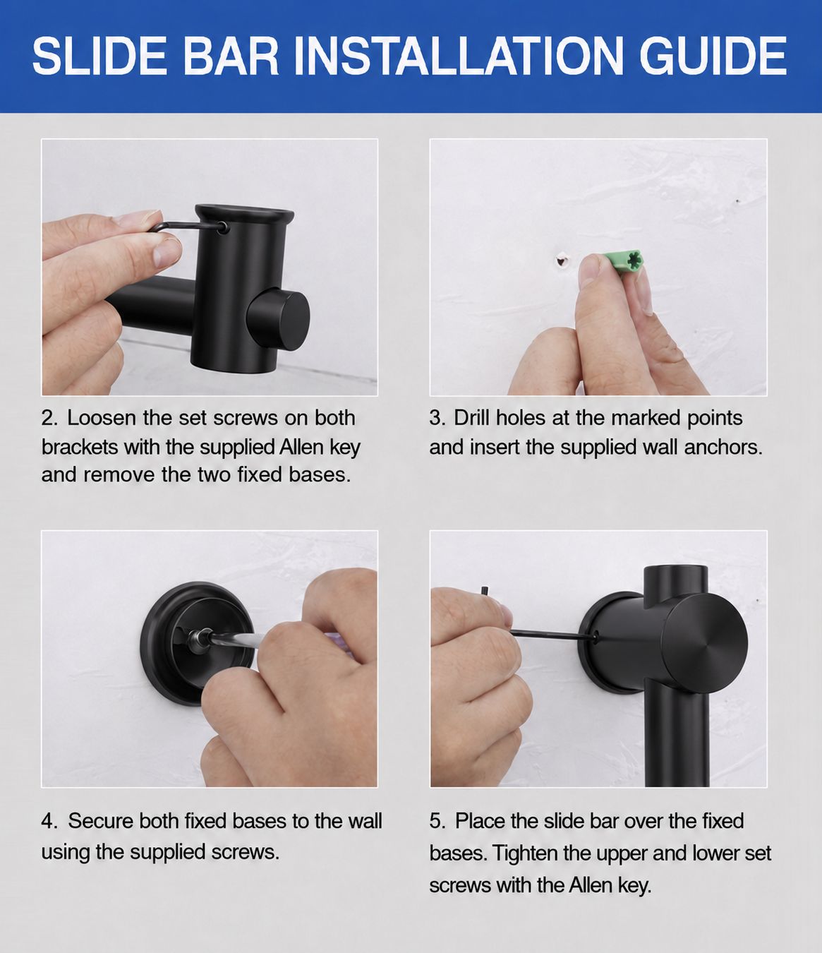 Installation guide with five numbered panels showing how to mount a black slide bar handle on a wall, including loosening set screws, drilling and inserting wall anchors, securing the fixed bases, and placing the slide bar.