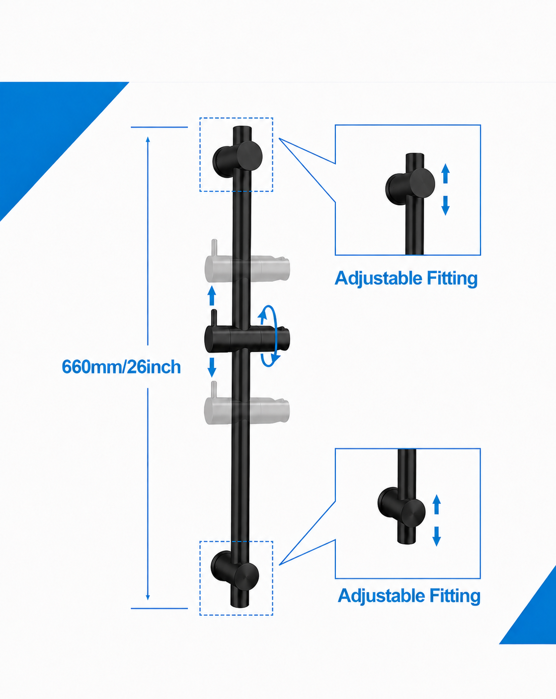 Black adjustable shower valve trim with dimension markings showing 660mm/26inch length and inset callouts for adjustable fitting, on a white background with blue corner accents.