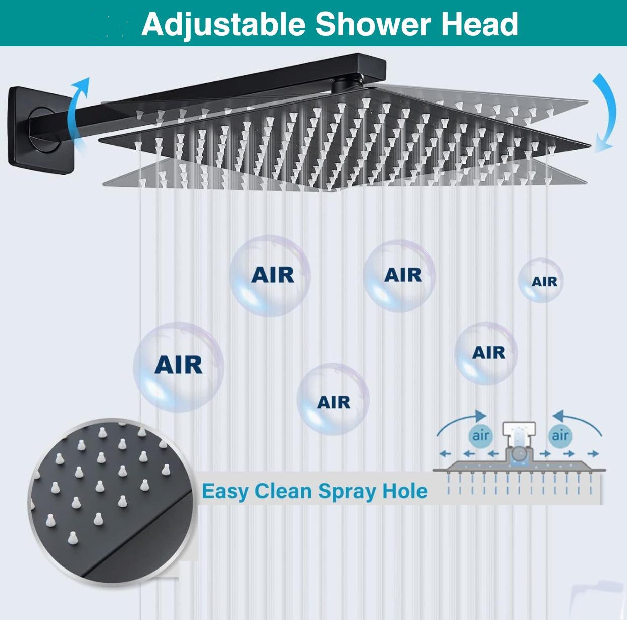 Matte black rainfall shower head for modern luxury bathrooms