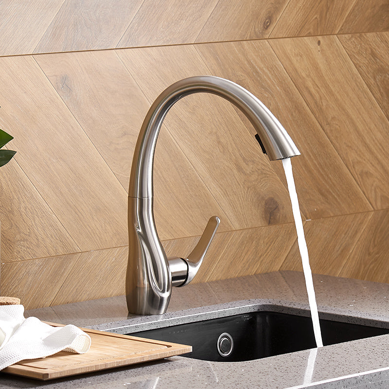 Gooseneck Kitchen Faucet Single Handle Pull-Out 14" Brushed Nickel Finish