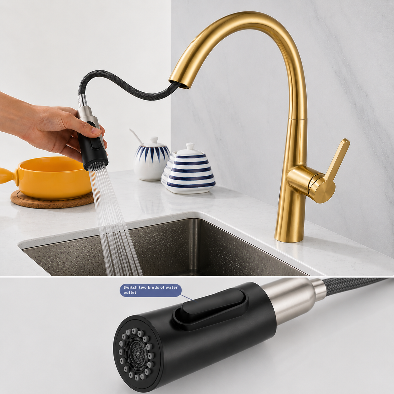 MAX Faucets Pull-Out Kitchen Faucet – Single Handle High-Arc Gooseneck 16" Brushed Gold Kitchen Faucet