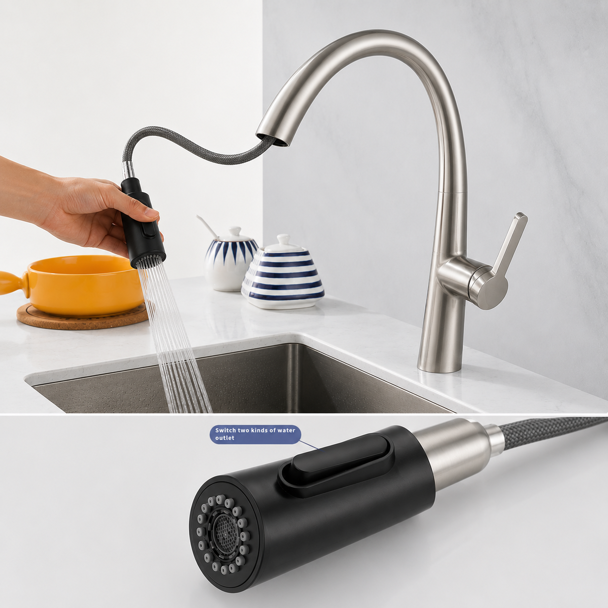Close-up of black pull-out spray nozzle on brushed nickel kitchen faucet