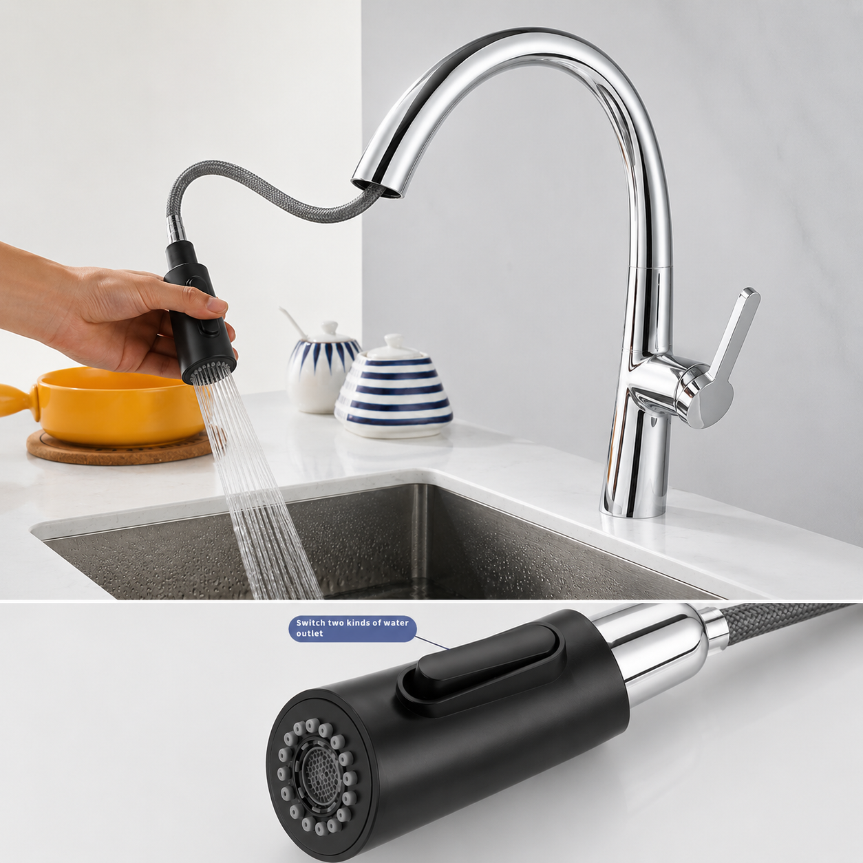 Close-up of black pull-out spray nozzle on chrome kitchen faucet