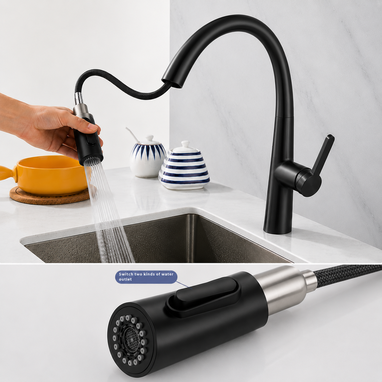 Retractable pull-out hose on matte black kitchen faucet
