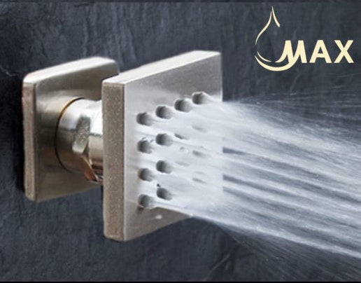 Four brushed nickel body jets for full-body shower experience