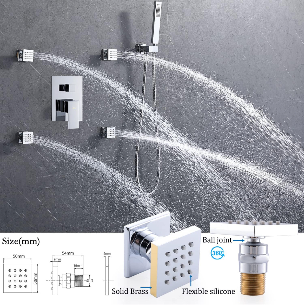 Four chrome body jets for a spa-inspired full-body shower experience