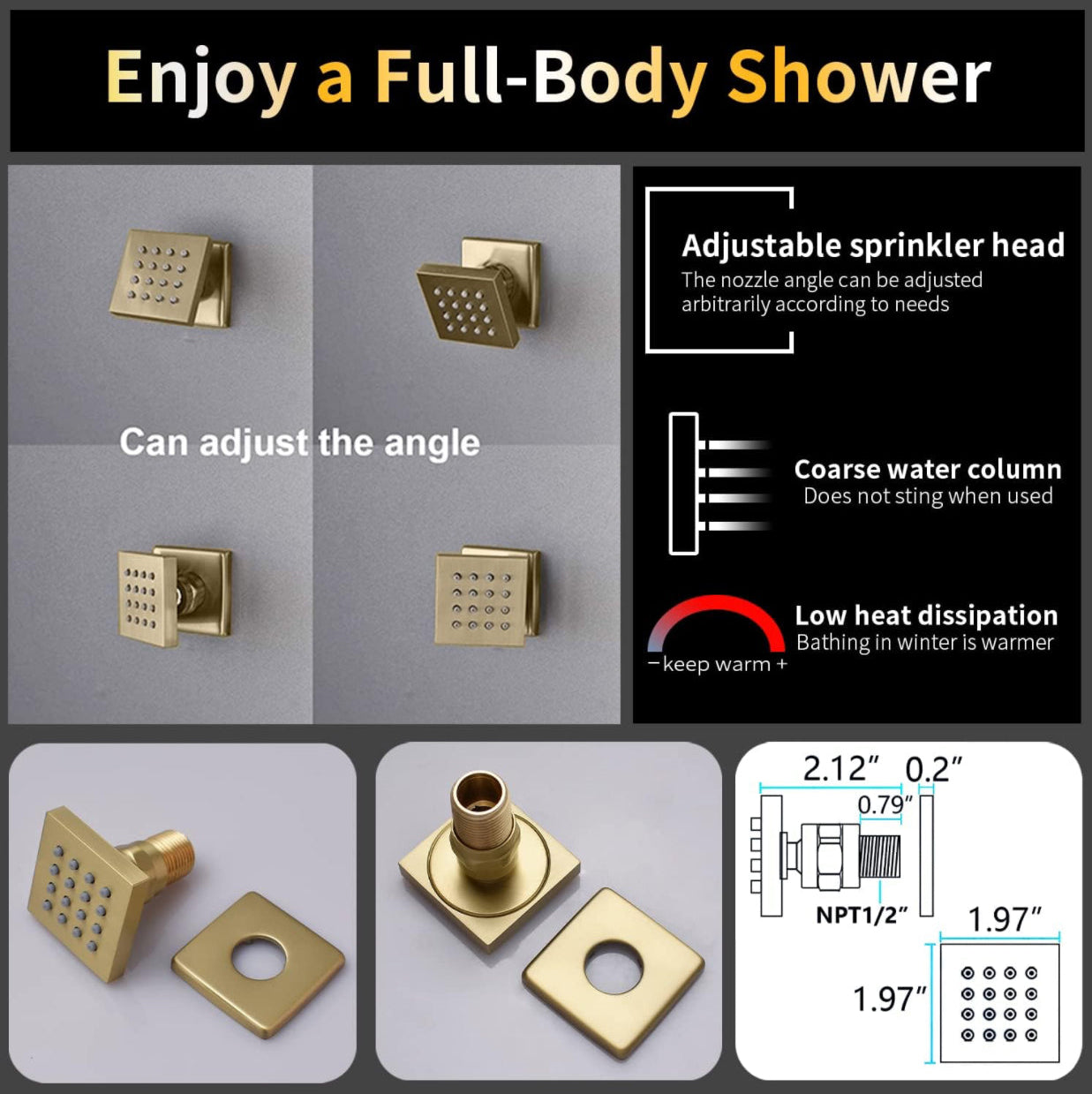 Four adjustable brushed gold body jets from MAX Faucets ceiling shower system