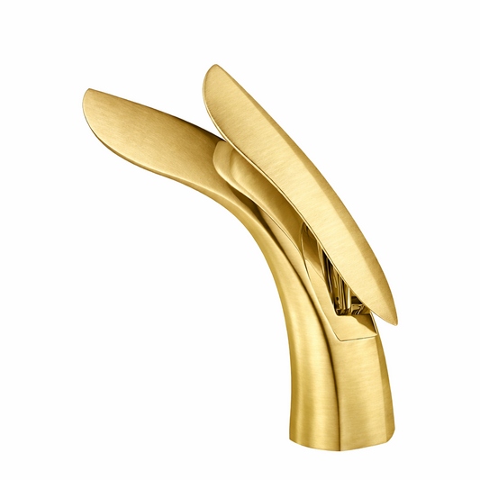 Side view of MAX Faucets brushed gold single handle bathroom faucet