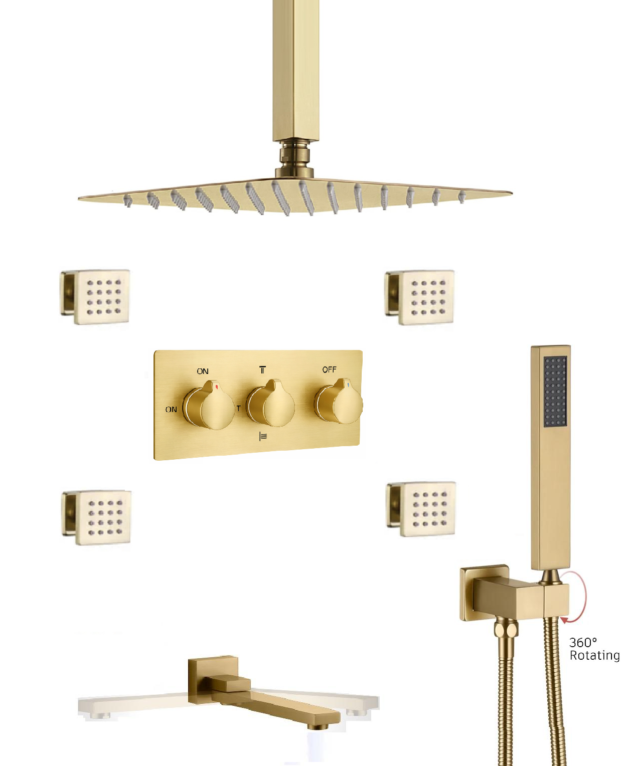 MAX Faucets Luxury brushed gold ceiling rainfall shower system with body jets 