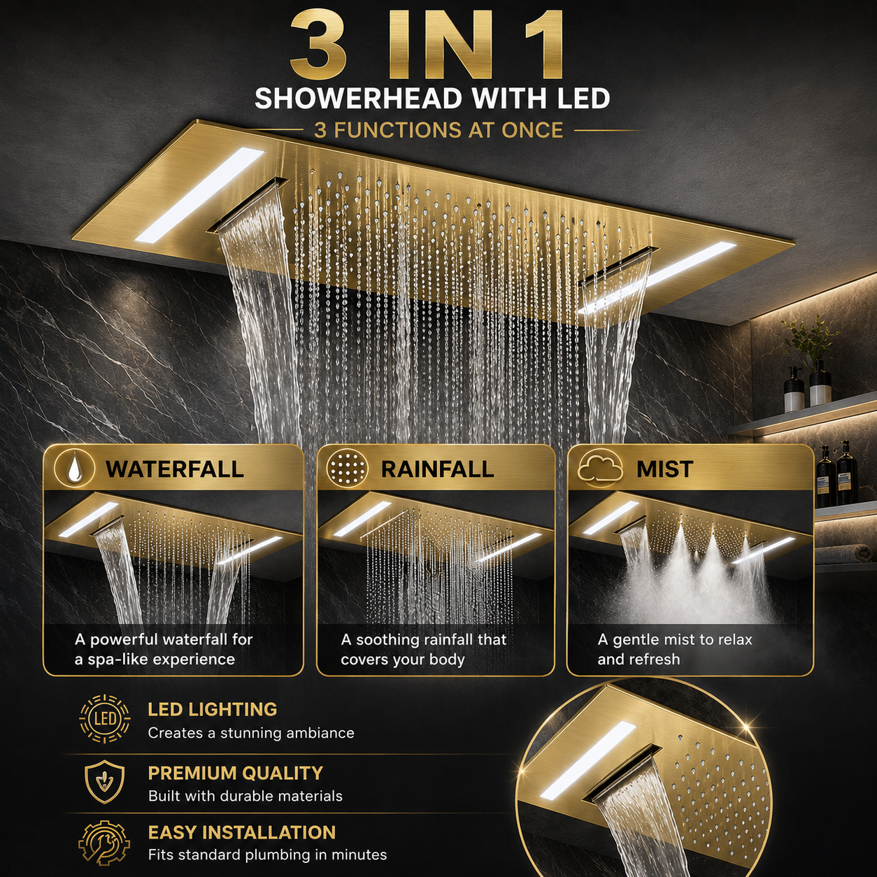 3-in-1 showerhead with LED lighting and various water functions on a dark background.