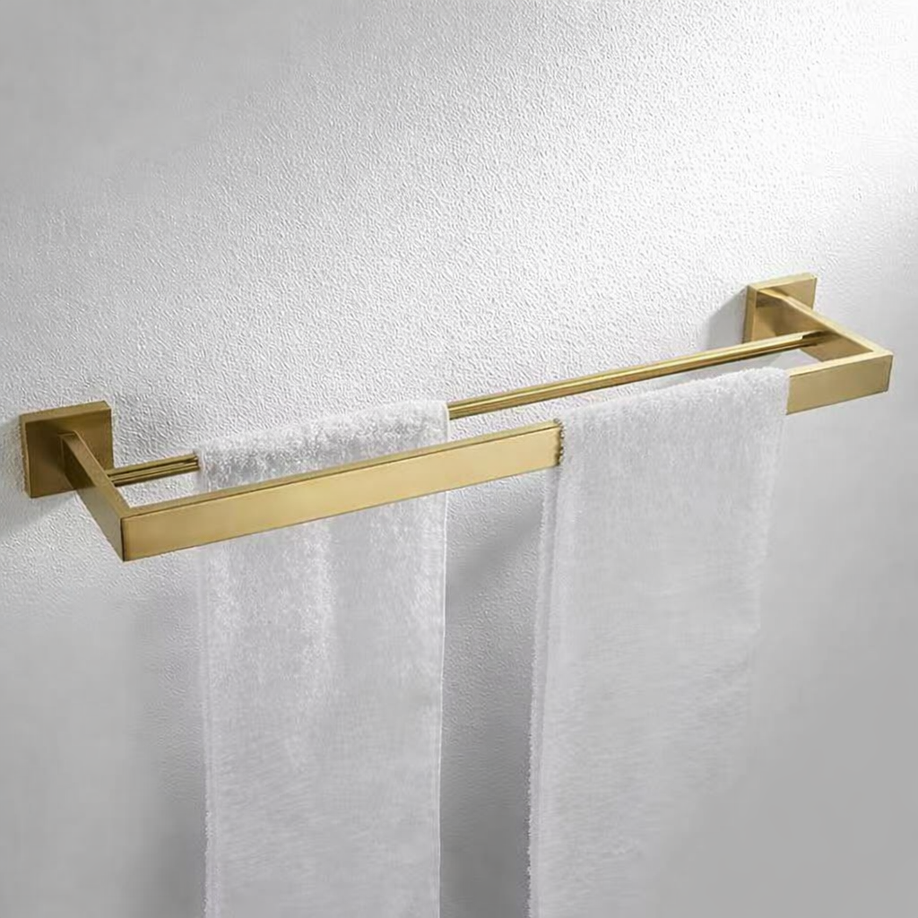 Brushed gold stainless steel double towel bar, 60cm wall-mounted bathroom rack by MAX Faucets holding two towels