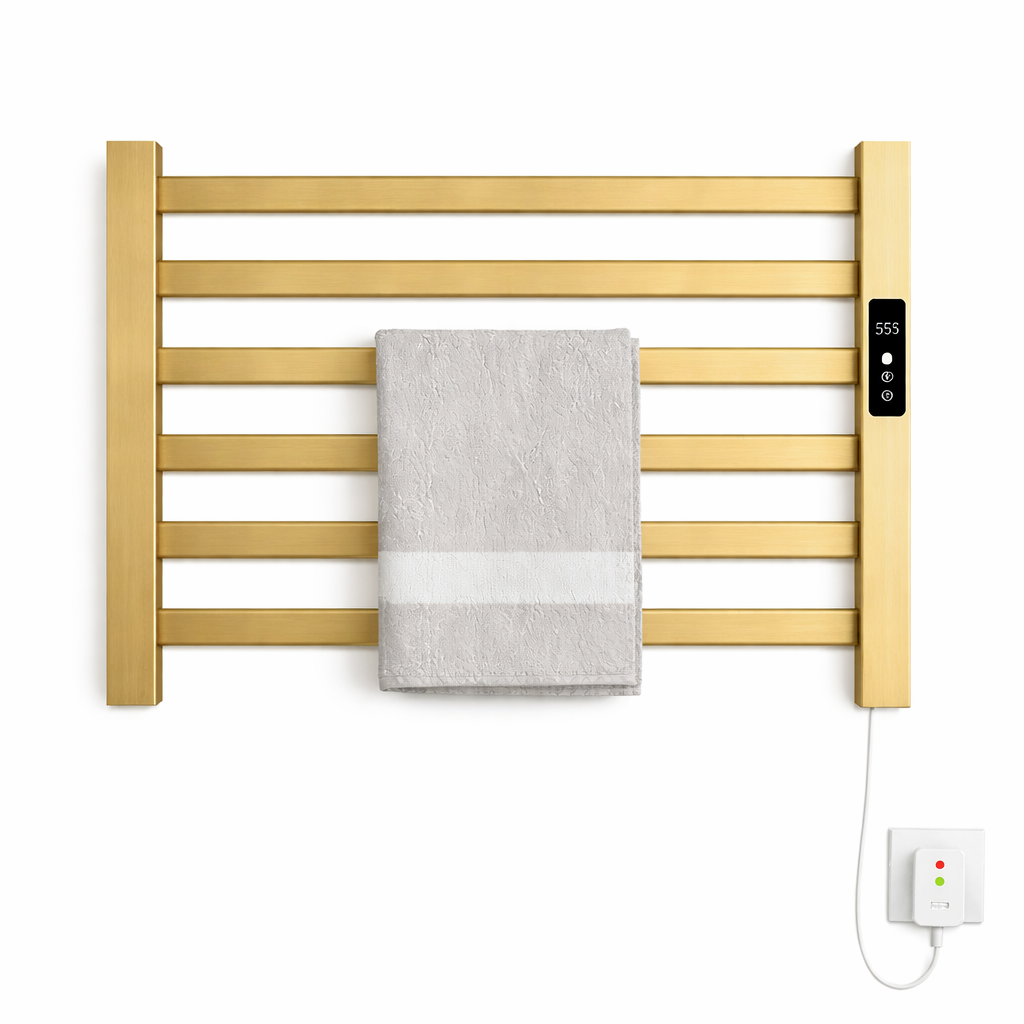MAX Faucets 6-bar wall-mounted electric towel warmer rack in brushed gold with digital control, 500x450 mm