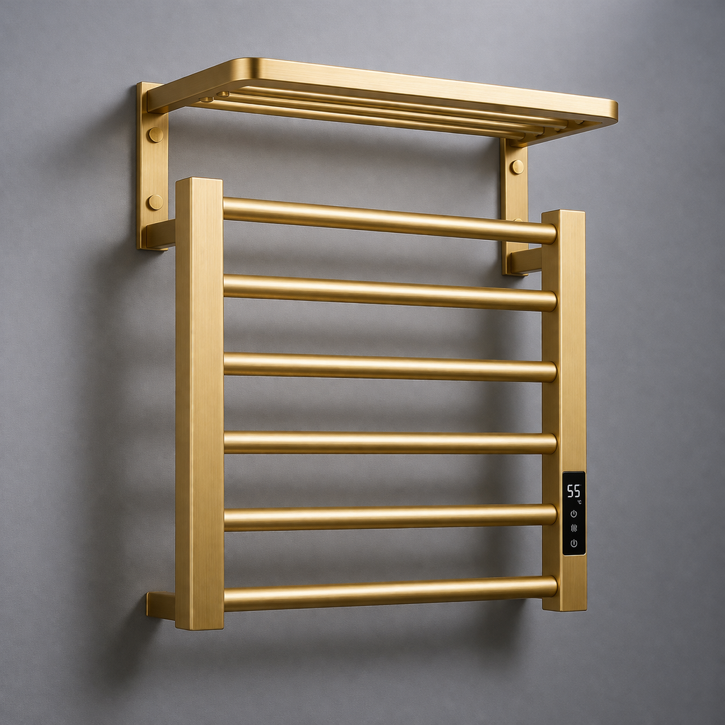 Brushed gold wall-mounted electric towel warmer rack with shelf by MAX Faucets