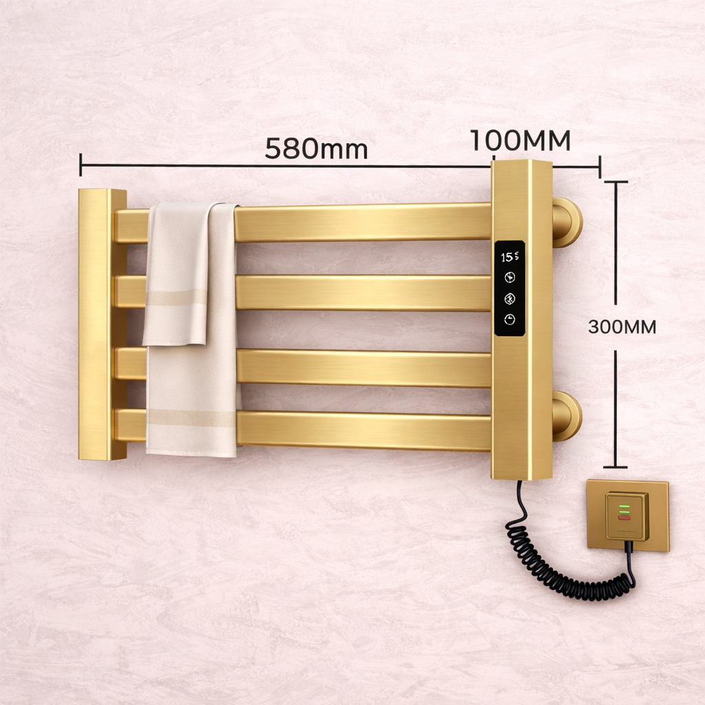Brushed gold wall-mounted electric towel warmer rack with hooks installed in modern bathroom