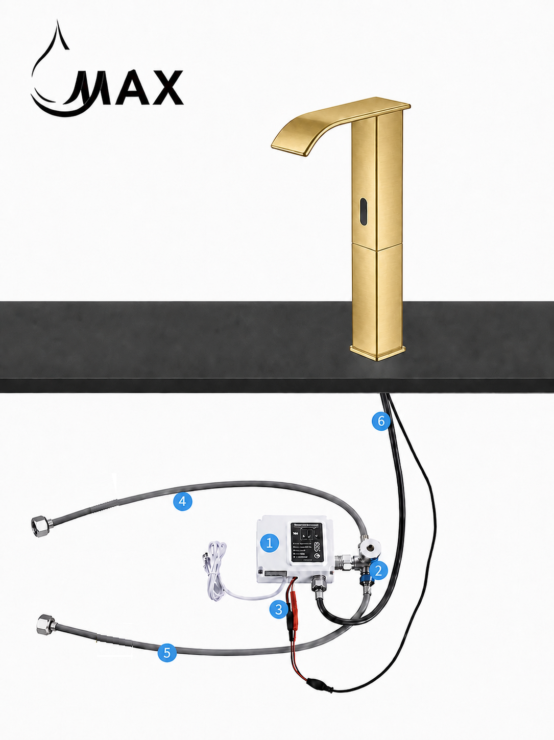 A tall brushed-gold faucet shown above a labeled installation diagram with numbered hoses and a control box. The image includes the word MAX in the upper left and is set against a white background with a dark countertop strip across the middle.