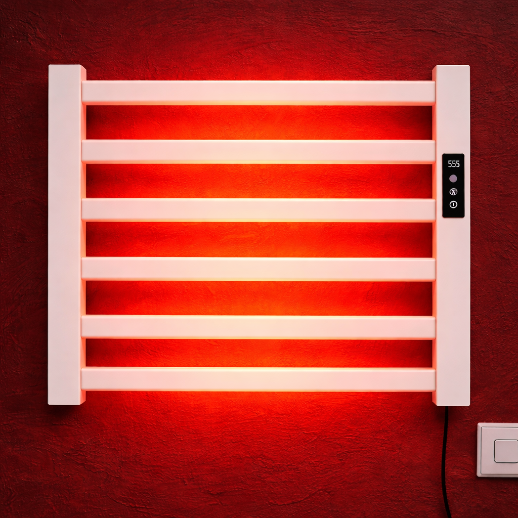 Brushed gold electric heated towel rack with soft towels in modern bathroom