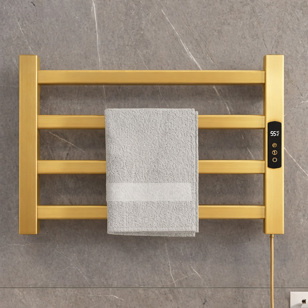 Brushed gold electric heated towel rack with towels in modern bathroom setting