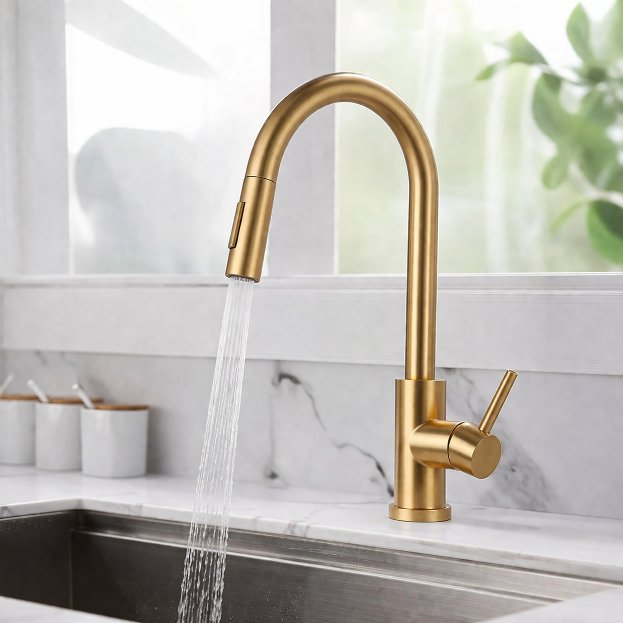 Pull-out kitchen faucet 16 inch high arc brushed gold finish