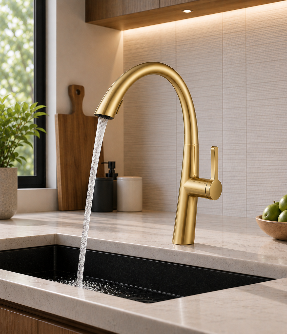 MAX Faucets Pull-Out Kitchen Faucet – Single Handle High-Arc Gooseneck 16" Brushed Gold Kitchen Faucet
