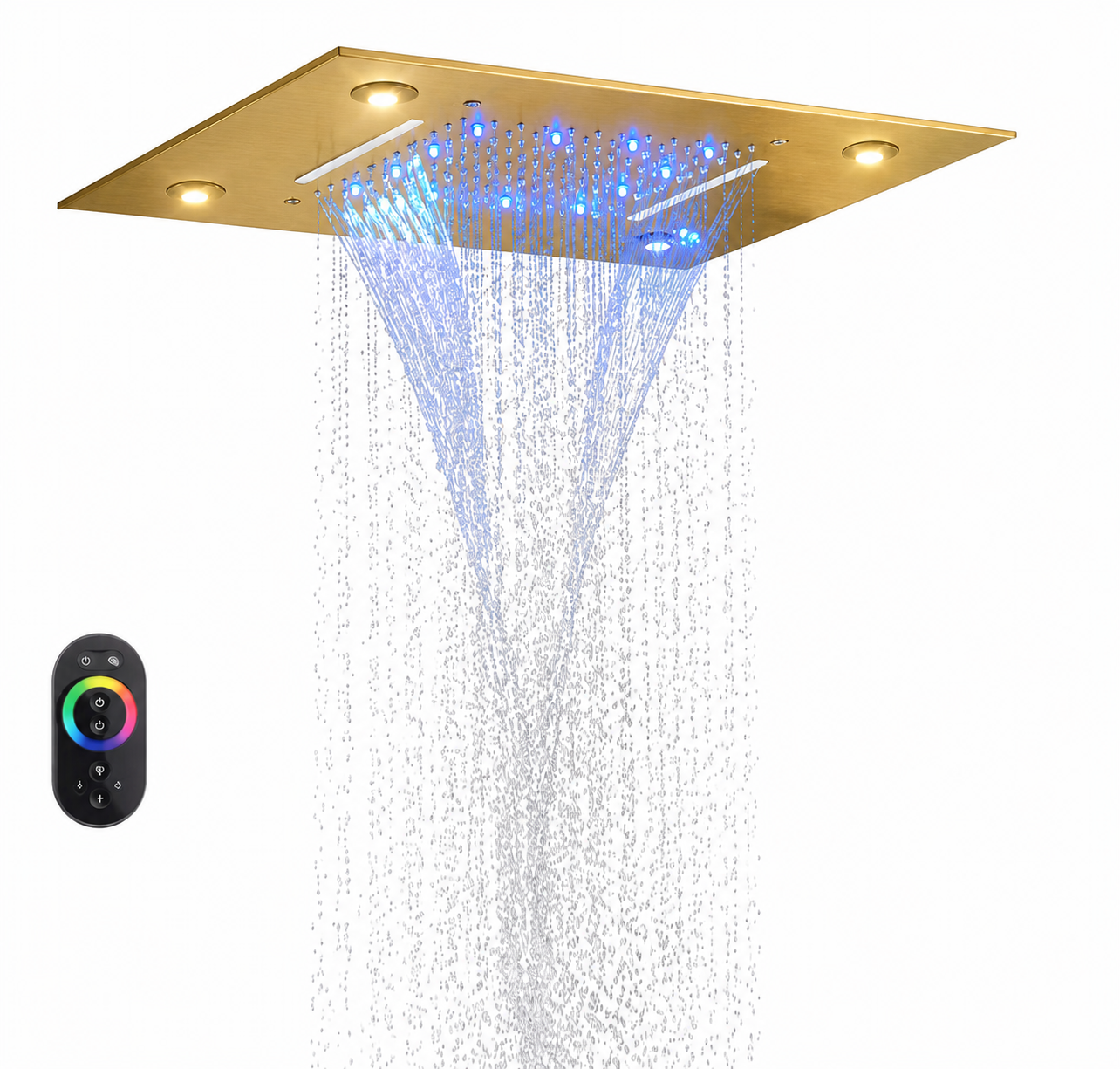 20" x 14" LED Ceiling-Mounted Rainfall & Waterfall Shower Head with Remote Control – Brushed Gold