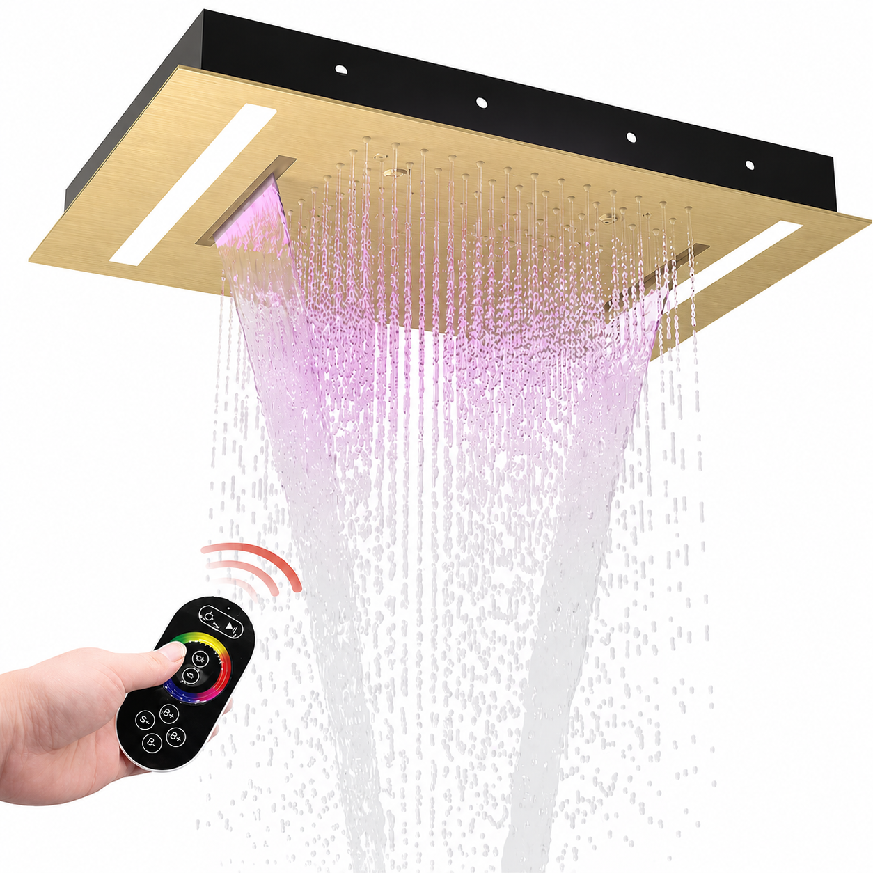 20 x 14 inch brushed gold LED ceiling-mounted shower head with rainfall waterfall and mist functions