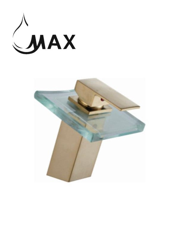 Gold and glass faucet with 'MAX' branding on a white background