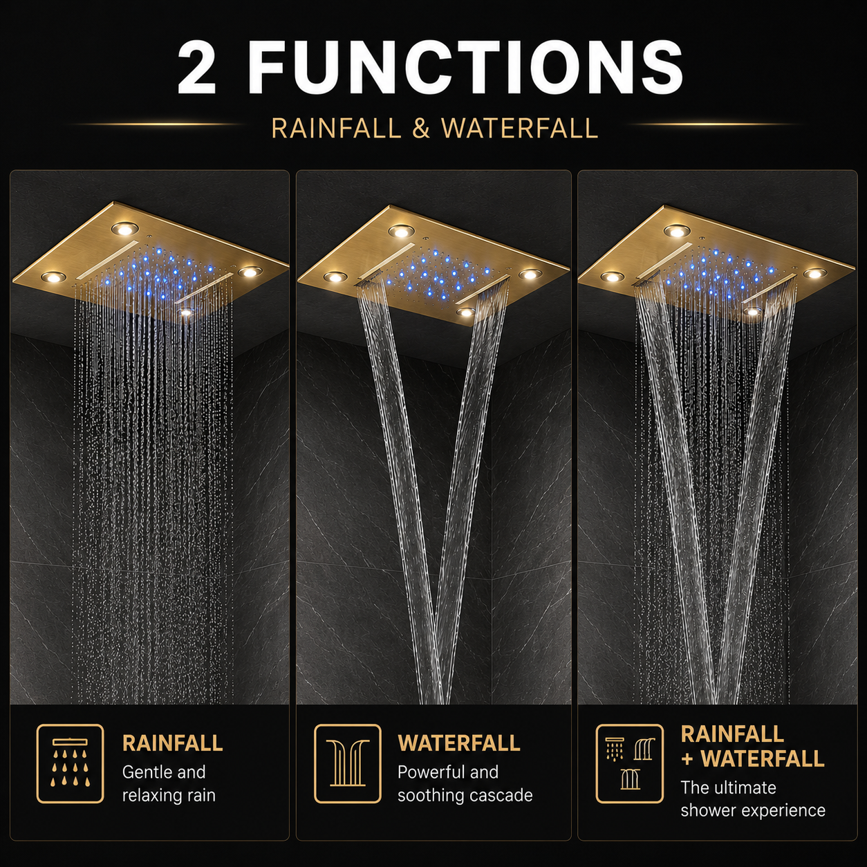 20" x 14" LED Ceiling-Mounted Rainfall & Waterfall Shower Head with Remote Control – Brushed Gold