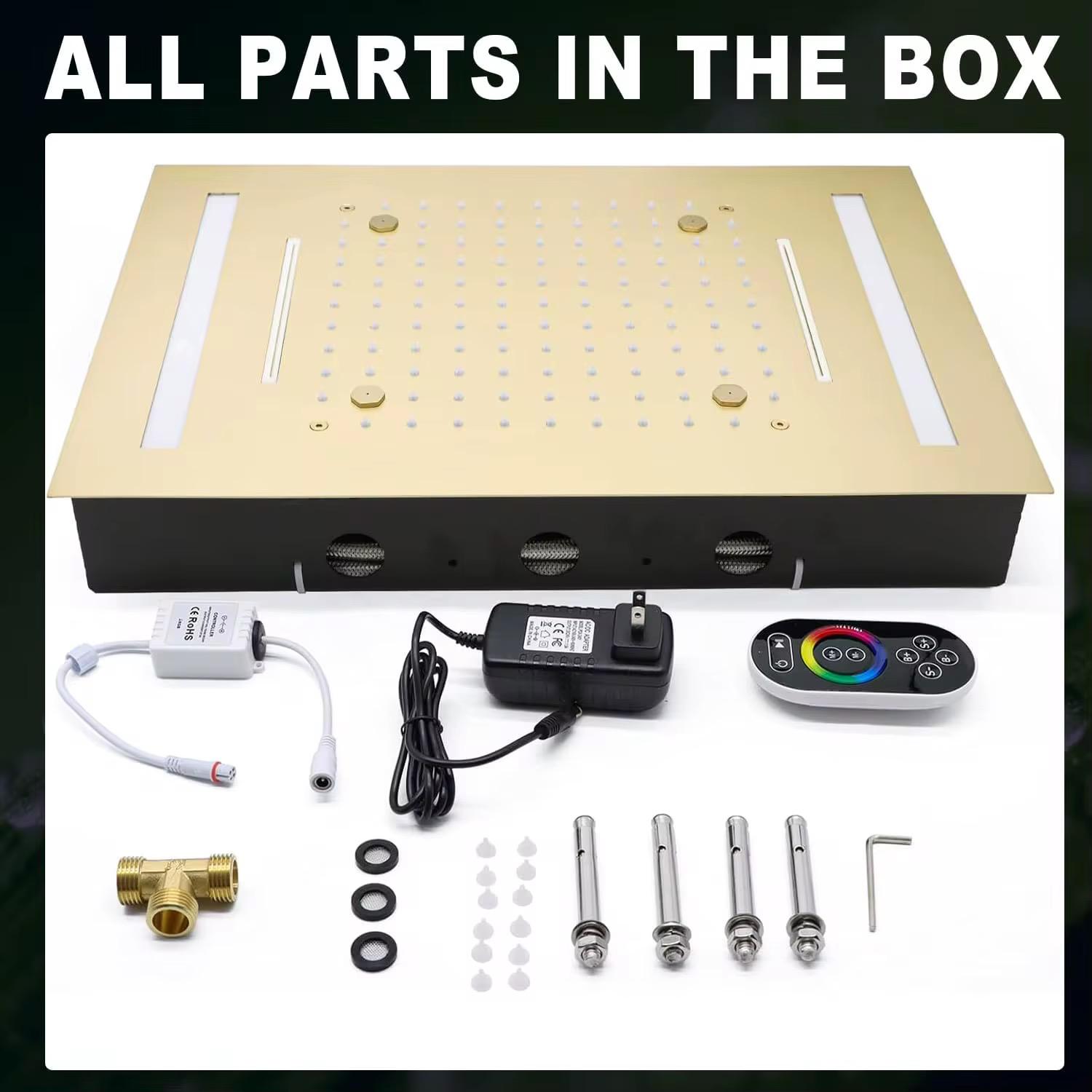 Brushed gold LED ceiling shower head package contents including remote control and installation hardware