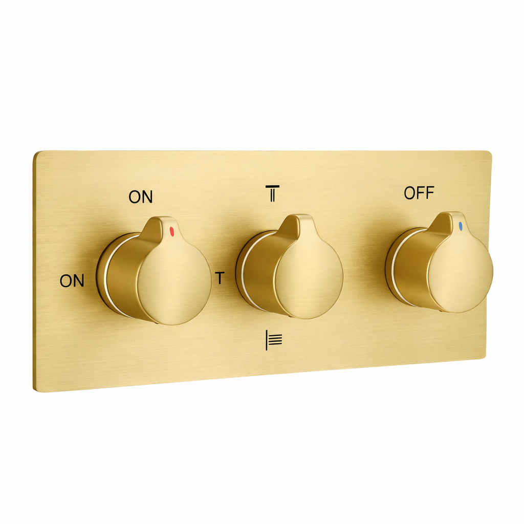 4 Function Brushed gold pressure balance valve with three control knobs for MAX Faucets ceiling shower system