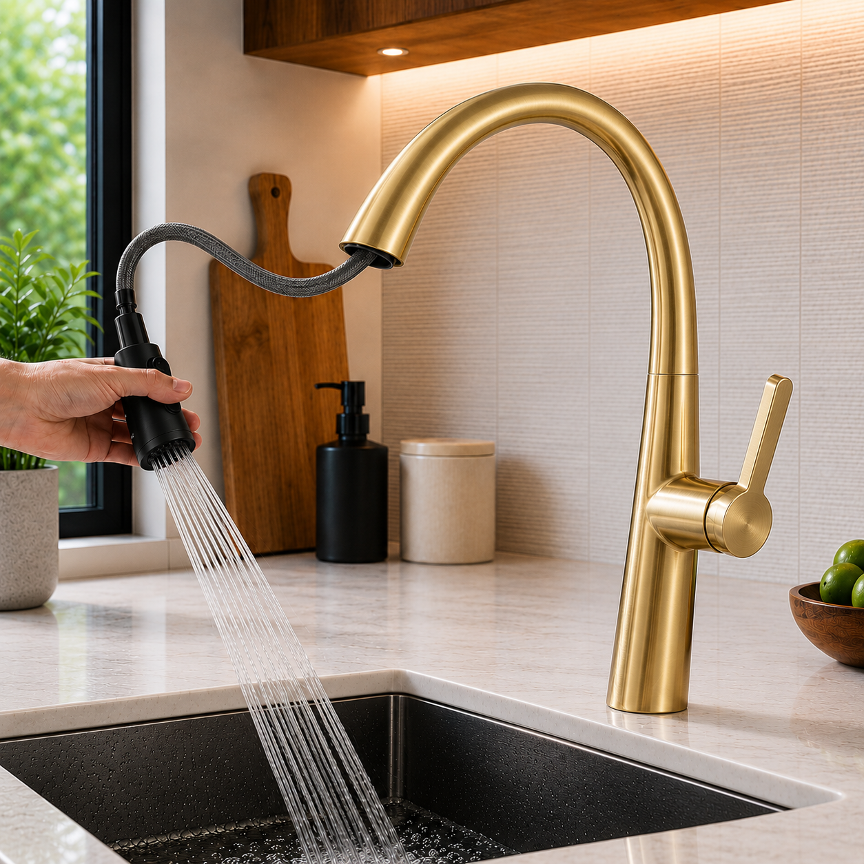 MAX Faucets Pull-Out Kitchen Faucet – Single Handle High-Arc Gooseneck 16" Brushed Gold Kitchen Faucet