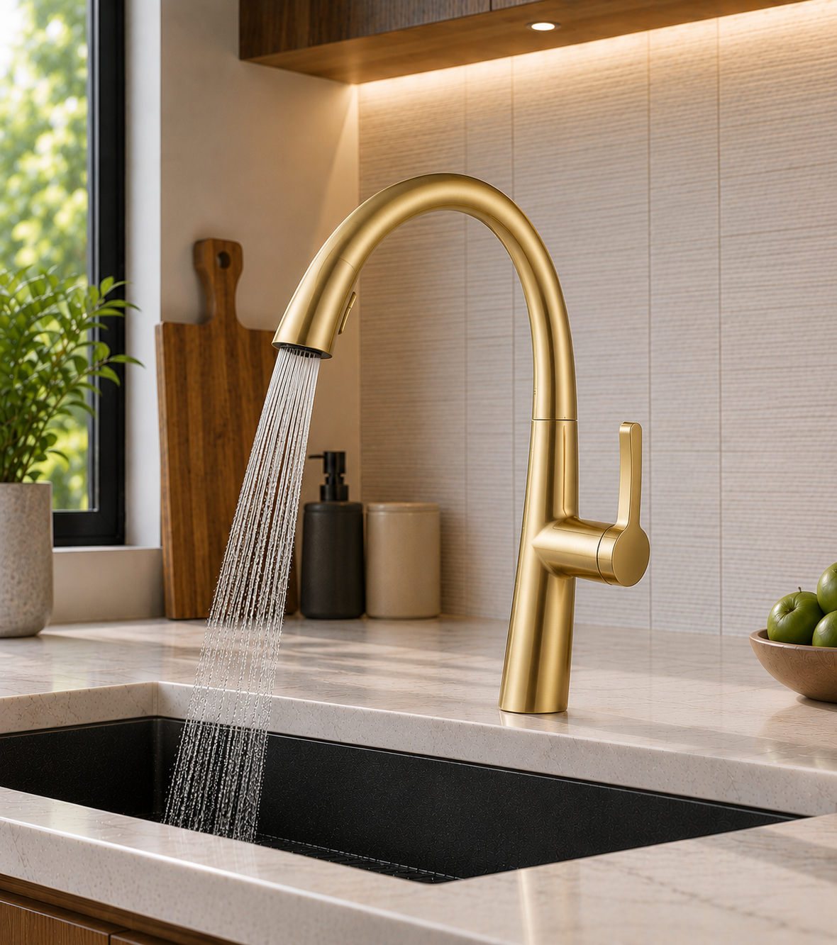 MAX Faucets Pull-Out Kitchen Faucet – Single Handle High-Arc Gooseneck 16" Brushed Gold Kitchen Faucet
