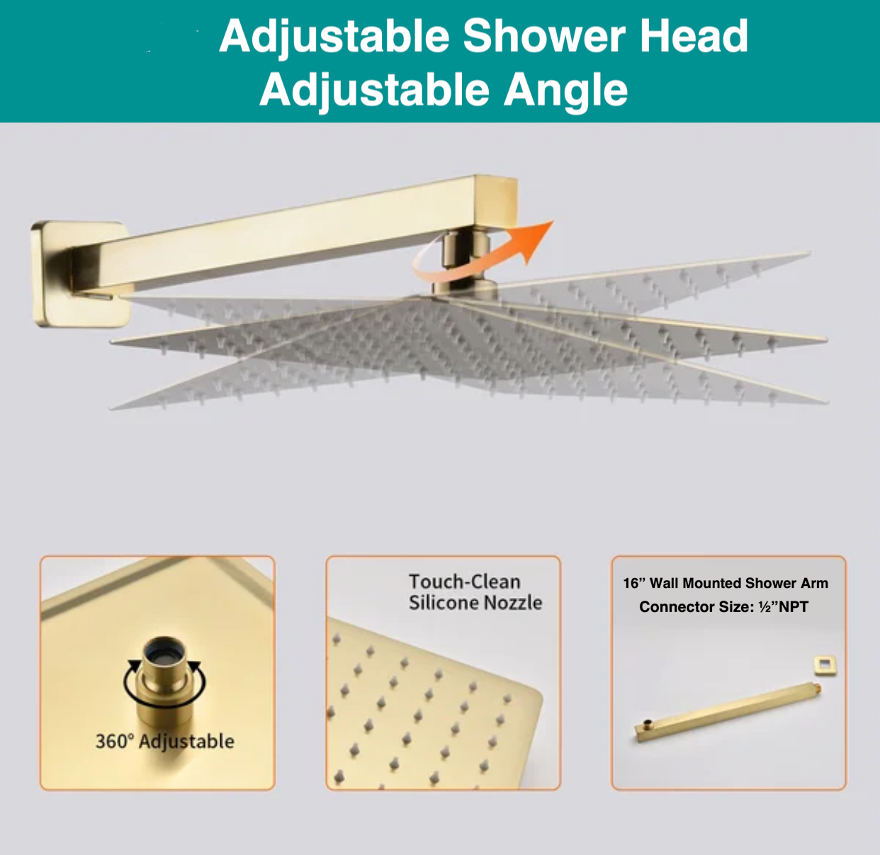 Brushed gold rainfall shower head for MAX Faucets shower system